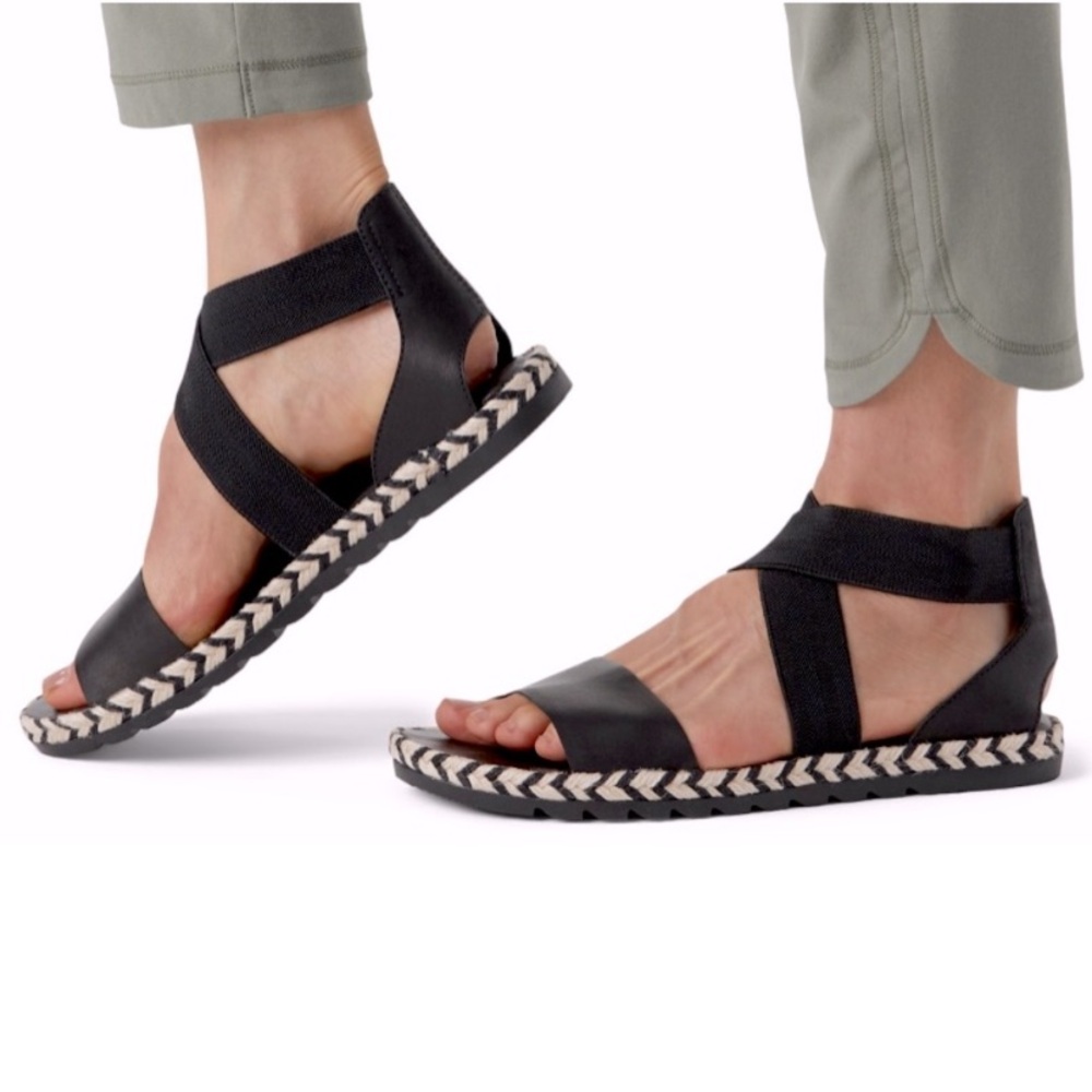 Sorel Ella II Leather Strappy Braided Sole‎ Sandals Shoes Womens 8.5 Black White